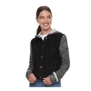 Juniors’ Mudd hooded knit sleeve jean jacket